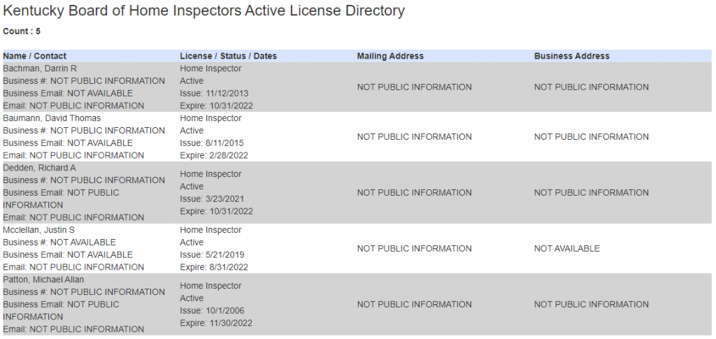 AA home inspectors licensed in kentucky