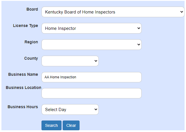 KY home inspector license lookup