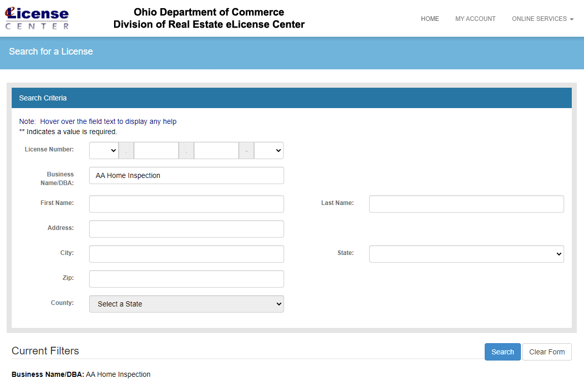 OH home inspector license lookup